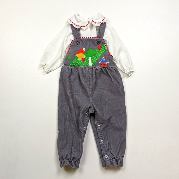 Vintage Thomas Outfit Baby Sz 12m Gray Corduroy Applique House Overalls 80s - Picture 1 of 4